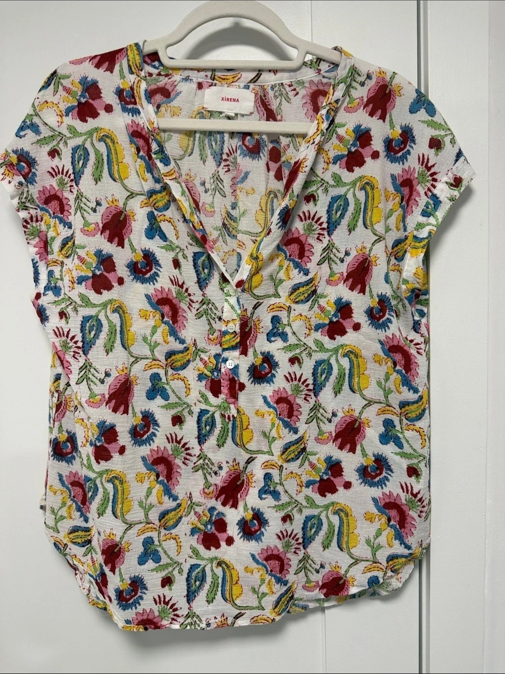 Xirena Floral Cotton Blouse in White & Multicolor Size Medium
